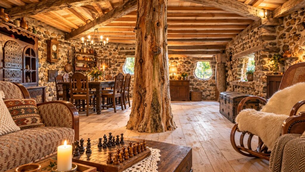 Le salon de la maison Sbot autour de l’arbre — vue imaginée
